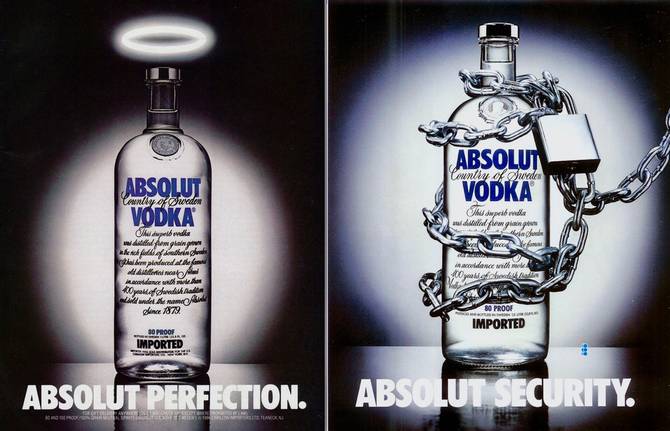 Two famous ads for Absolut vodka that prominently feature the Absolut bottle. One ad has a halo over the bottle, and the ad copy reads "Absolut Perfection." In the other the bottle is chained and padlocked and the ad copy reads "Absolut Security."