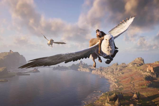 Harry Potter flying on a creature the game