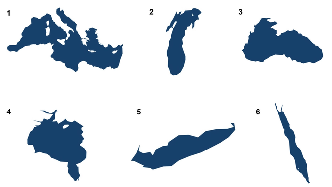 A picture showing six different unidentified bodies of water 