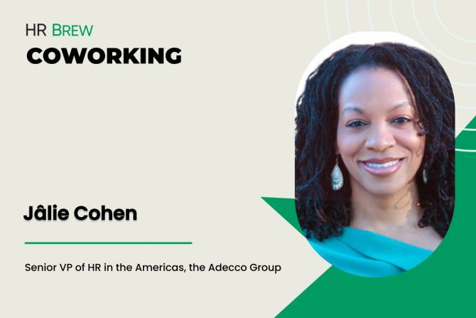 tan postcard-style image; on the left it says: HR Brew Coworking; Jâlie Cohen; senior VP of HR in the Americas, the Adecco Group; on the right is an oval close-up image of a smiling woman with shoulder-length curly black hair