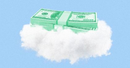 Stacks of hundred dollar bills sitting on top of a cloud