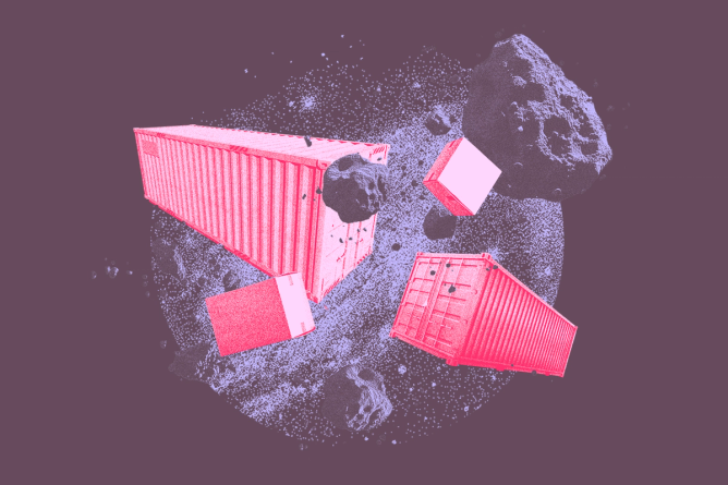 A planet surrounded by asteroids with shipping containers in the center of it