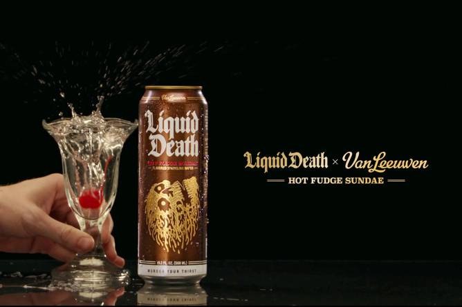 Liquid Death x Van Leeuwen logos above the new collab name “hot fudge sundae.” A can of the new drink sits next to a traditional sunday dish full of water and a cherry.