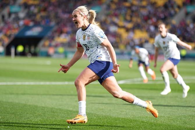 Lindsey Horan #10 of the United States celebrates scoring during the second half against the Netherlands during the FIFA Women's World Cup Australia & New Zealand 2023 Group E match