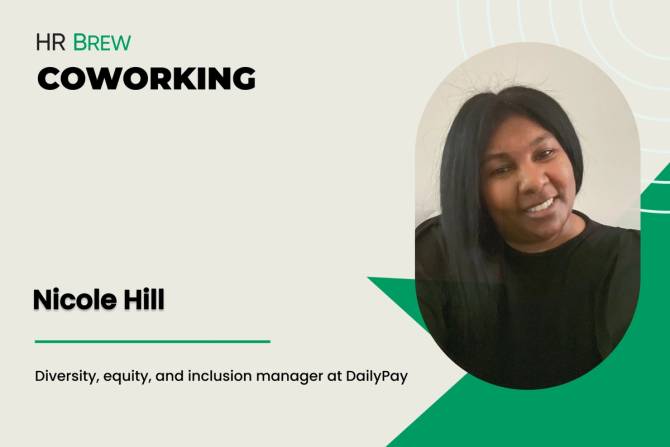 tan postcard-style image; on the left is text: HR Brew Coworking; Nicole Hill; Diversity, equity and inclusion manager at DailyPay.