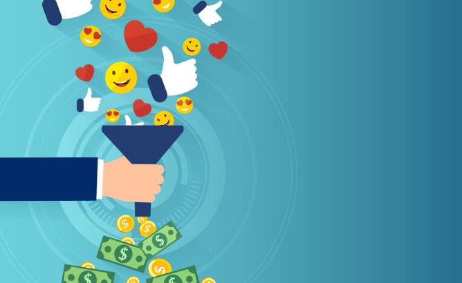 Illustration of emojis going into a funnel and money coming out.