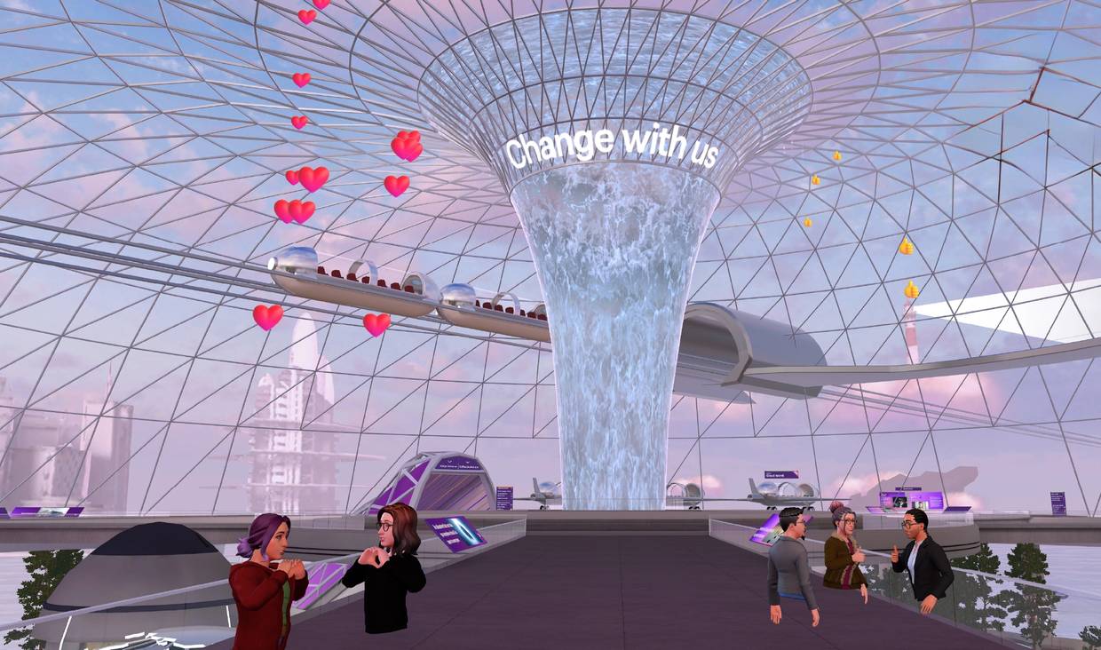 image of accenture's VR onboarding location with avatars in a VR world