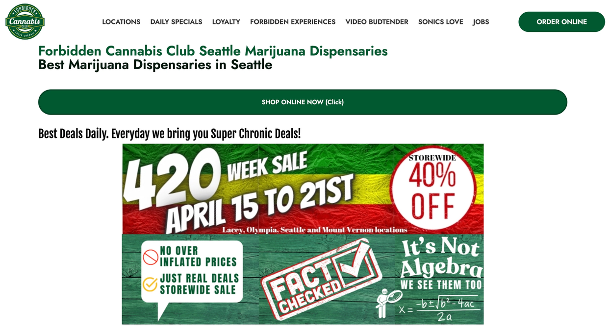 Forbidden Cannabis Club Seattle website page highlighting 4/20 cannabis specials.