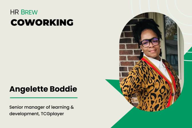 grey box that says HR Brew coworking, Angelette Boddie, senior manager of learning and development, TCG player next to a headshot of a woman smiling in a print sweater behind a brick wall