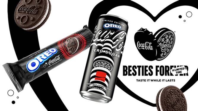 An ad that shows limited edition Oreo-flavored Coke and Coke-flavored Oreos that declares the two brands are "besties."