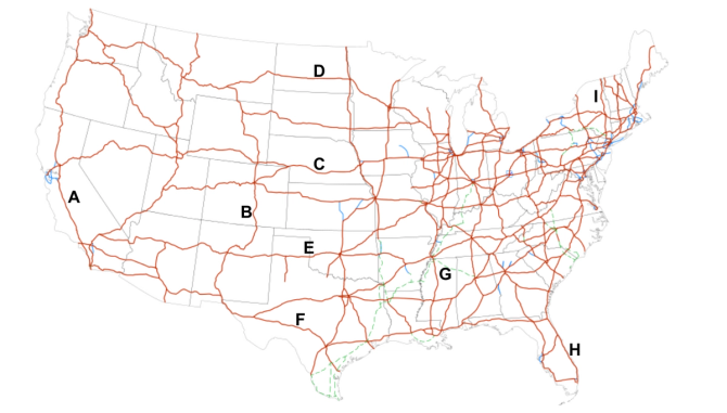 Blank map of interstate highways in the US for trivia 