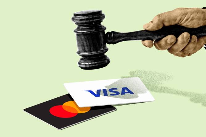 Gavel banging down on Visa and Mastercard.