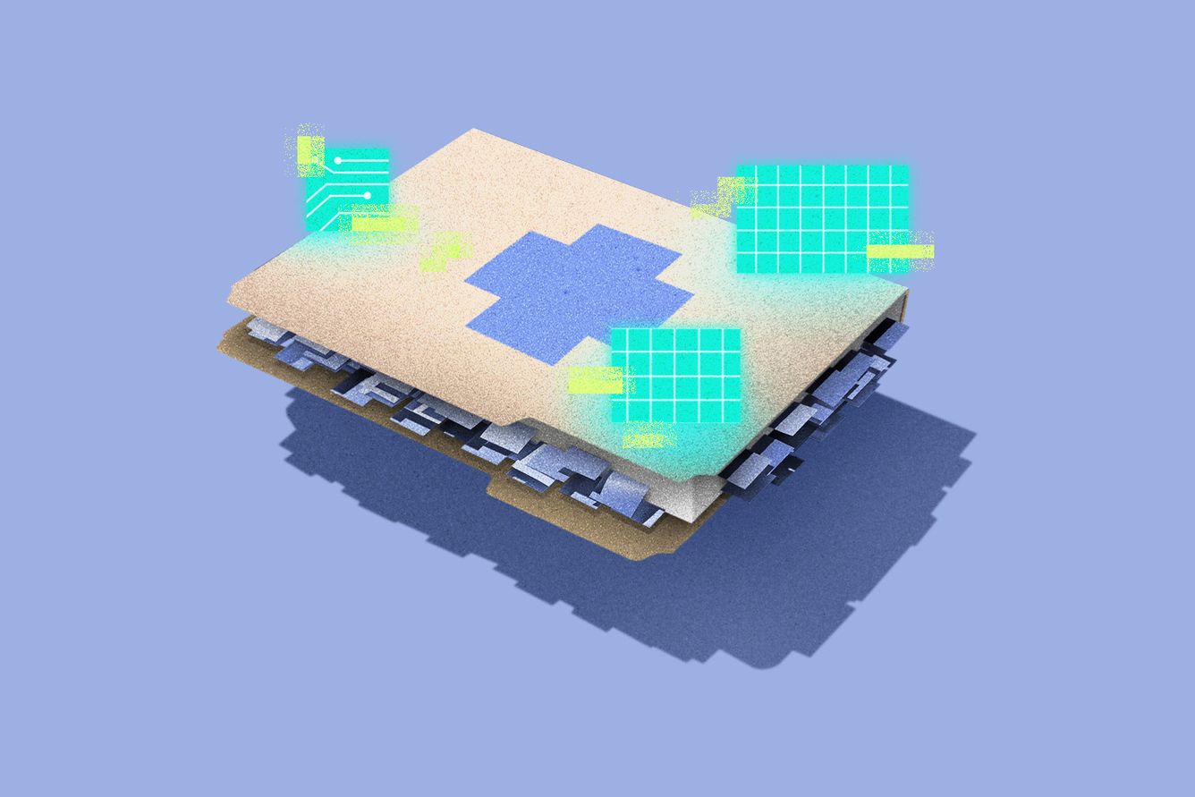 A floating file folder with a healthcare cross symbol and floating ai elements.