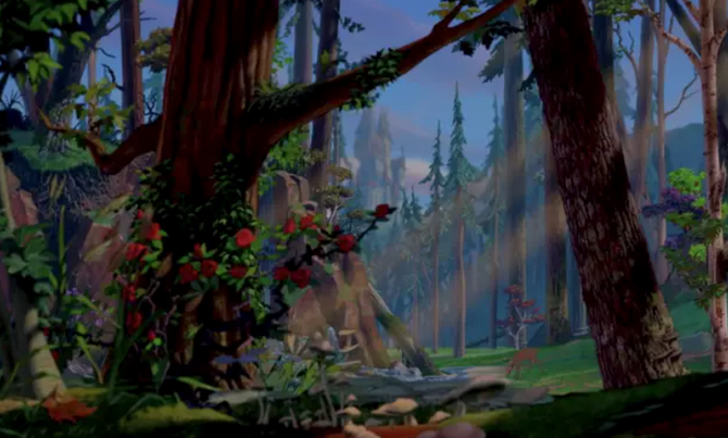 A movie still of an animated forest 