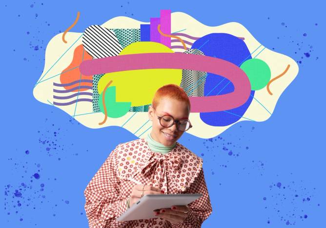 Young person in casual workwear standing in front of photoshopped background looks down at a folder they're holding