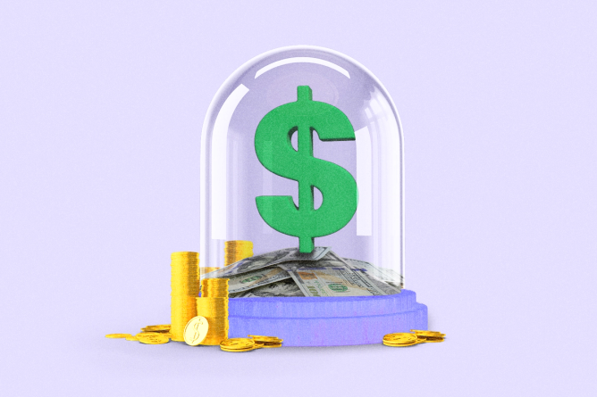 A Dollar Sign on top of a stack of money encased in a glass case and stacks of gold coins outside of it