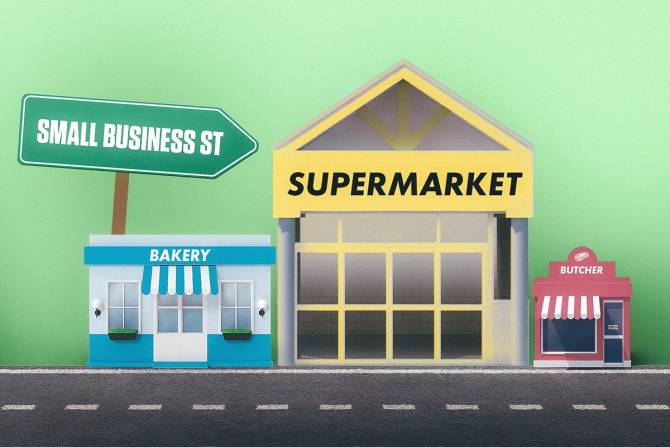 An illustration of three storefronts of markedly different size on a street with a sign that says "Small business street." A butcher shop is very small, a bakery is about twice the size of the butcher, and a supermarket is about twice the size of the bakerly. 