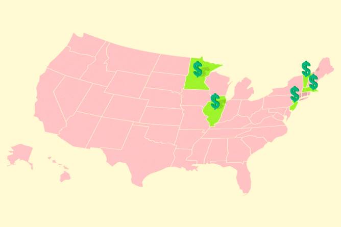 US map with dollar signs hovering over highlighted states.