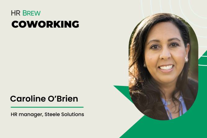 image with headshot of woman smiling next to text HR Brew Coworking Caroline O'Brien, HR Manager, Steele Solutions