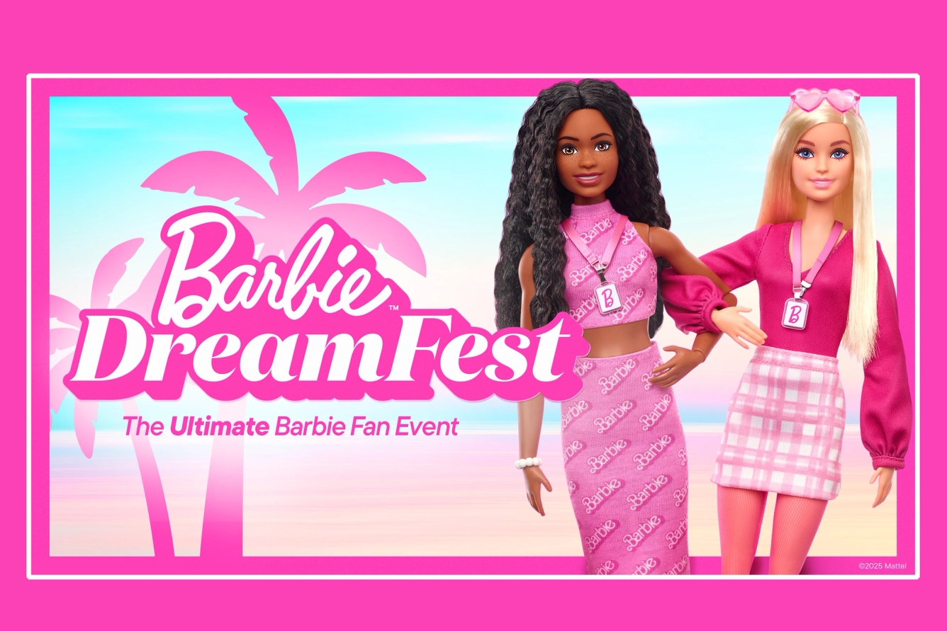 Barbie Dream Fest logo aside two Barbie dolls.