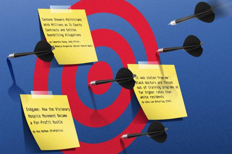 A bullseye with darts all around it and sticky notes listing the titles of newspaper headlines