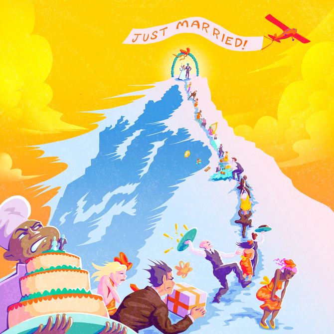 Illustration of wedding guests and caterers hiking up Mount Everest to wedding.