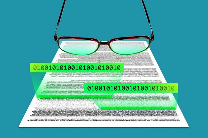 A pair of reading glassing scanning a document with binary code depicting AI text detection