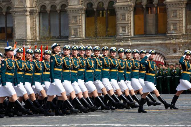 Russian female officers march during a rehearsal of the Victory Day parade