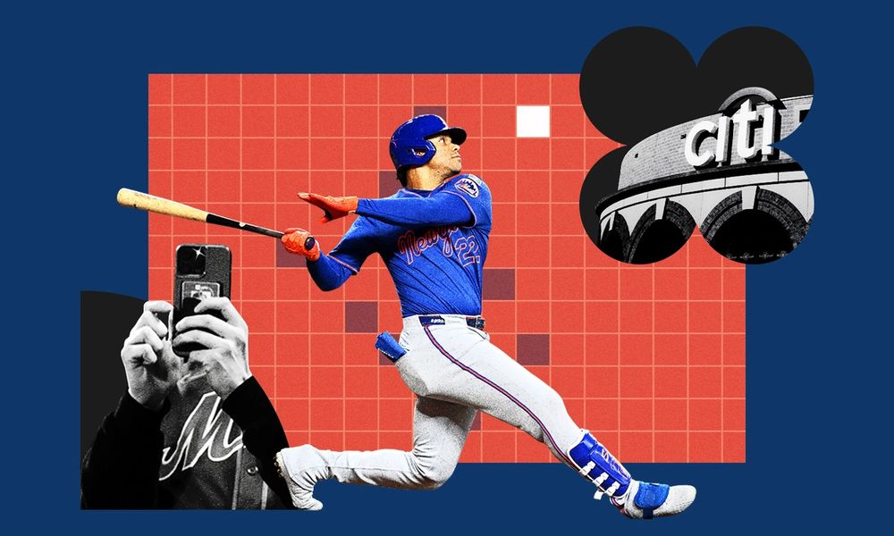 A photo collage featuring New York Mets baseball player Juan Soto on a gridded background with images of Citi field and a close up of a fan holding a phone.
