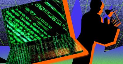 Computer displaying The Matrix code next to a silhouette of a person standing at a desk on a blue and green grid background