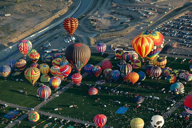 An aerial view is seen during the first wave of the balloon launching at the Albuquerque International Balloon Fiesta