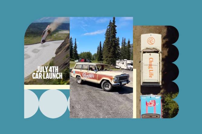 Screenshots from Rambler Austin's Instagram of a car falling of a cliff and a station wagon on a forest road.