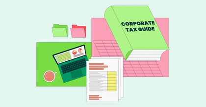 A book with "Corporate Tax Guide" surrounded by images of a laptop with data on the screen next to a cup of coffee and tax papers