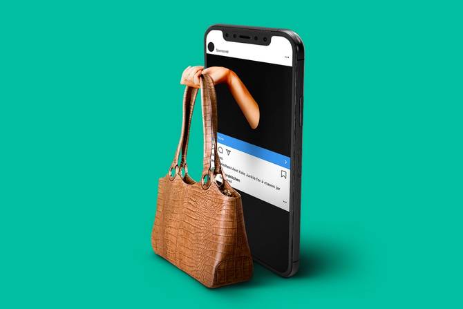 purse with arms sticking out of phone