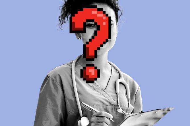A close-up photo of a woman in scrubs holding a clipboard with a stethoscope around her neck, there's a large red question mark obscuring her face.