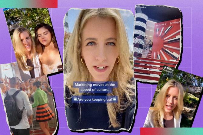 collage of images from Rare Beauty CMO Katie Welch's TikTok