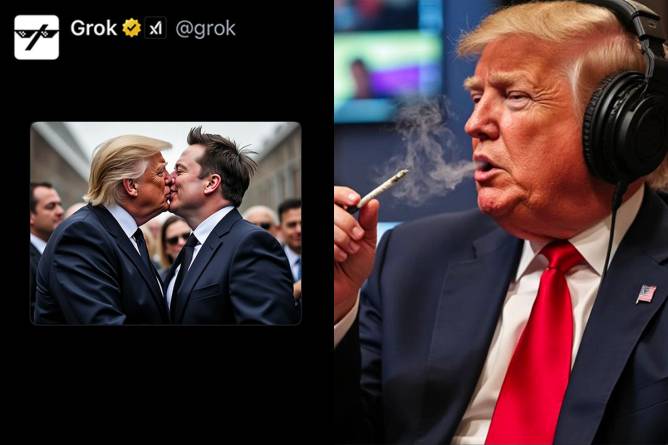 AI images generated by Grok. Left: Trump kissing Elon Musk. Right: Trump smoking blunt on Joe Rogan Podacast.