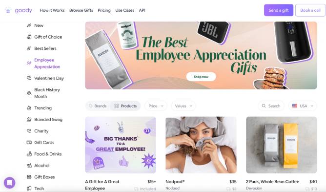 A section of Goody's website highlights employee-appreciation gifts.