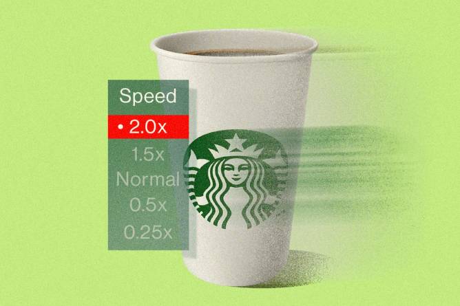 Starbucks coffee cup with speed lines like it’s moving forward really fast next to a menu with “2.0x speed” selected to insinuate the cup is going double sped.