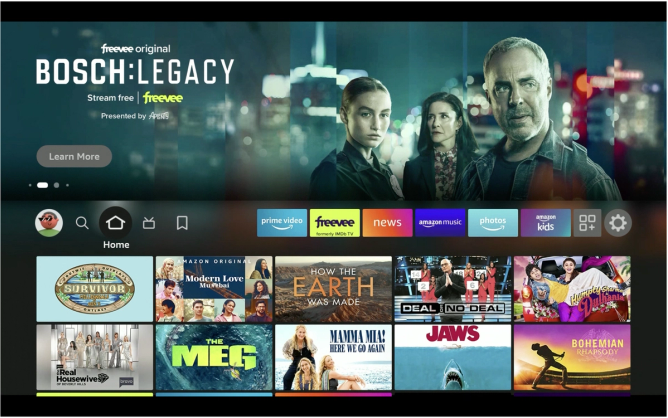 a screenshot of Amazon Fire TV's Feature Rotator ad unit, where a promotion for the FreeVee original series "Bosch:Legacy" is presented by the Amazon house brand Aplenty