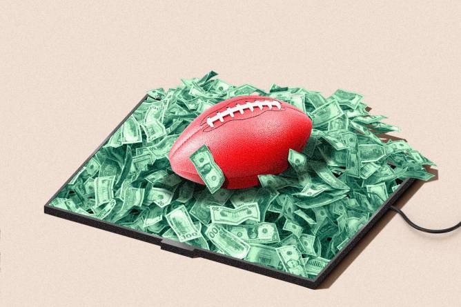 Money emerging from a television with a football sitting on top