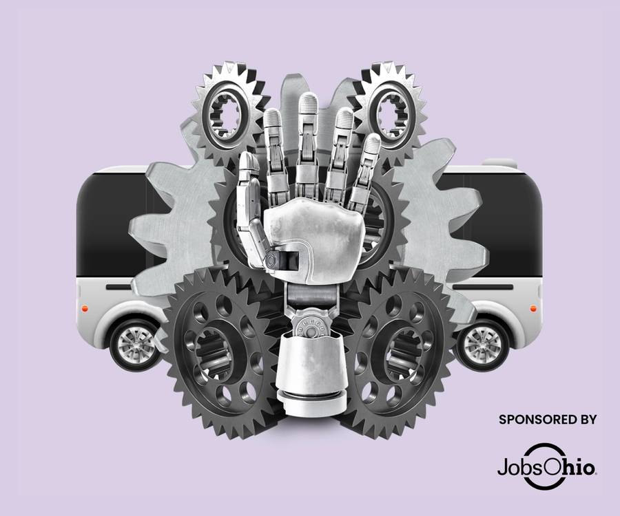 robotic hand, gears, and vehicles on a purple background