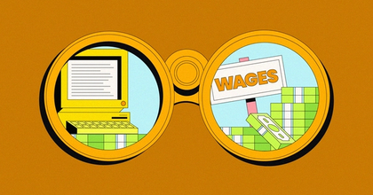 Binoculars with a retro computer and "Wages" sign in the eye holes sitting on stacks of money on a dark orange and brown background