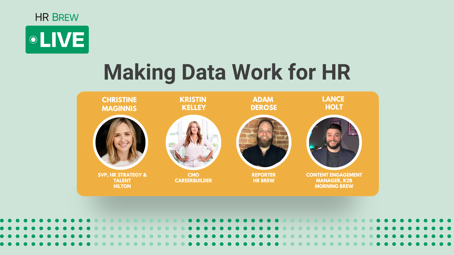 HR Brew Live logo with "Making Data Work for HR" text above four people's headshots on a light green background