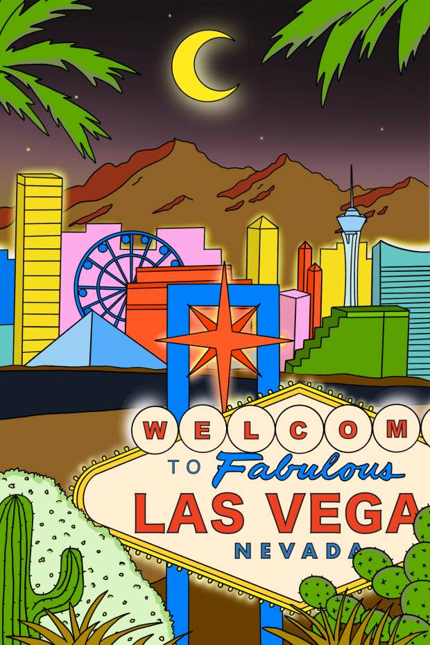 A close up of the Las Vegas sign with the city behind it