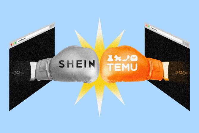 Boxing gloves with "Shein" and "Temu" logos fighting each other as they come out of computer screens.