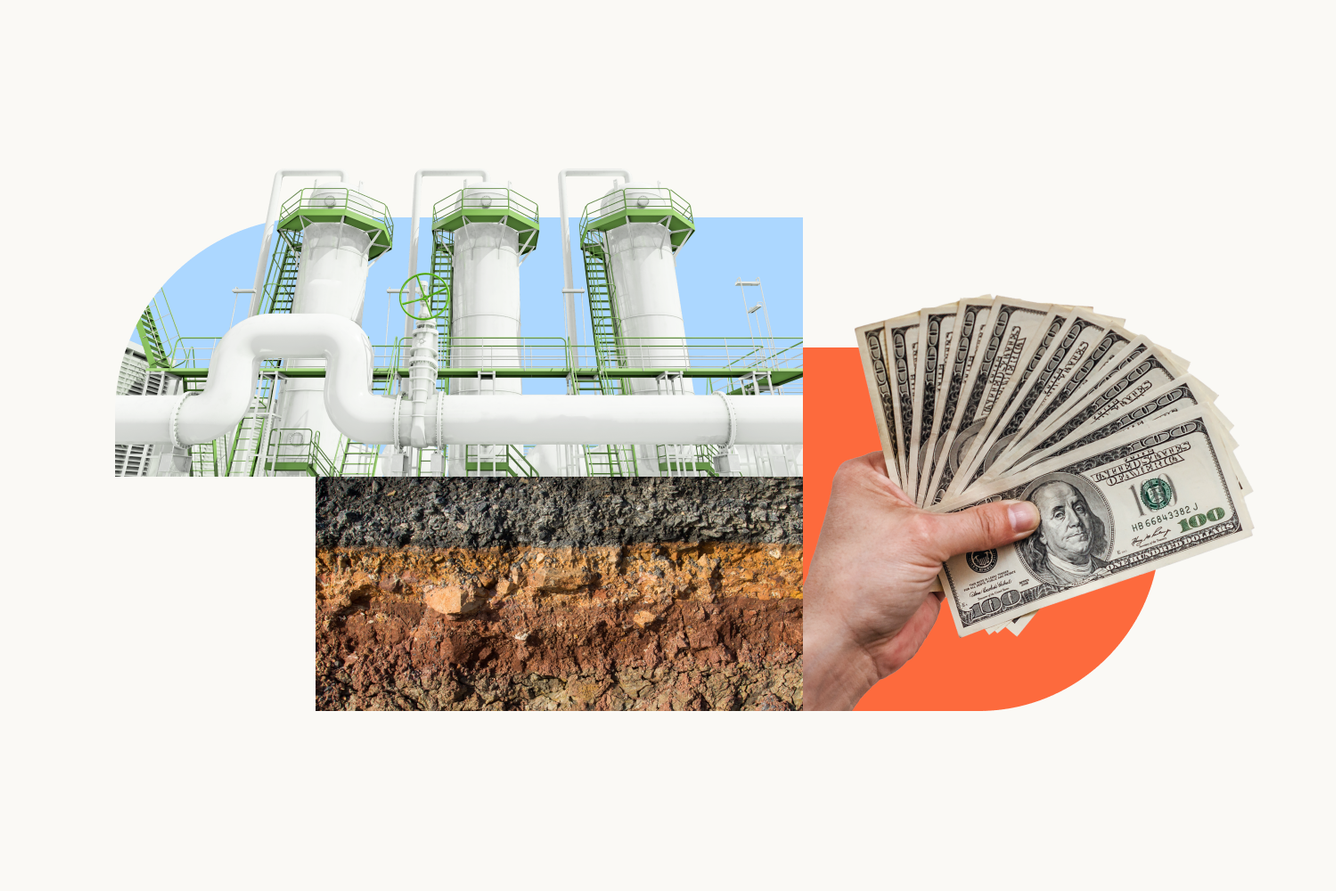 A geothermal drilling site above a layered view of the Earth's crust next to a hand fanning out money