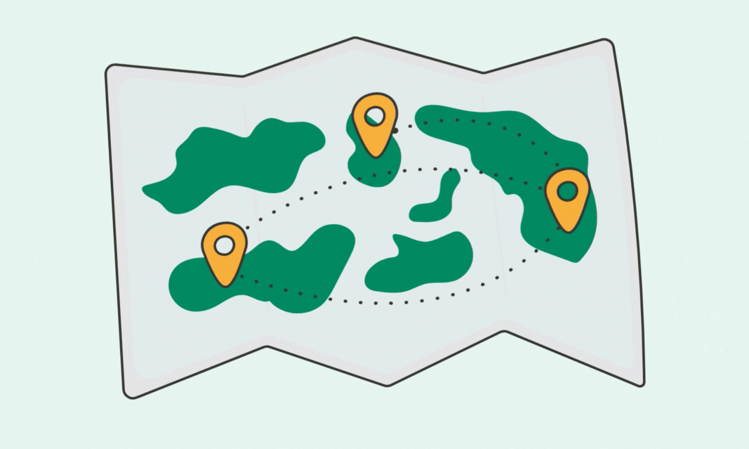 2D animation of an illustrated map with three marked waypoints at different locations.