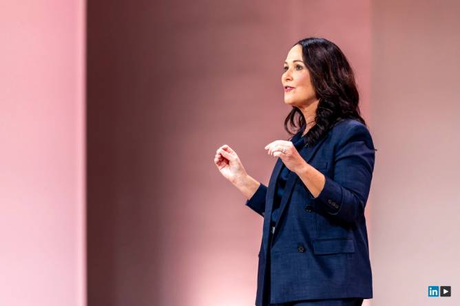 Erin Scruggs, vice president of talent acquisition at LinkedIn, speaks at the platform's Talent Connect Summit on Oct. 29, 2024. 