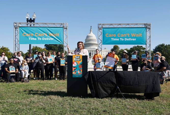 Nancy Pelosi speaks in front of the US Capitol at an event in support of paid family and medical leave.